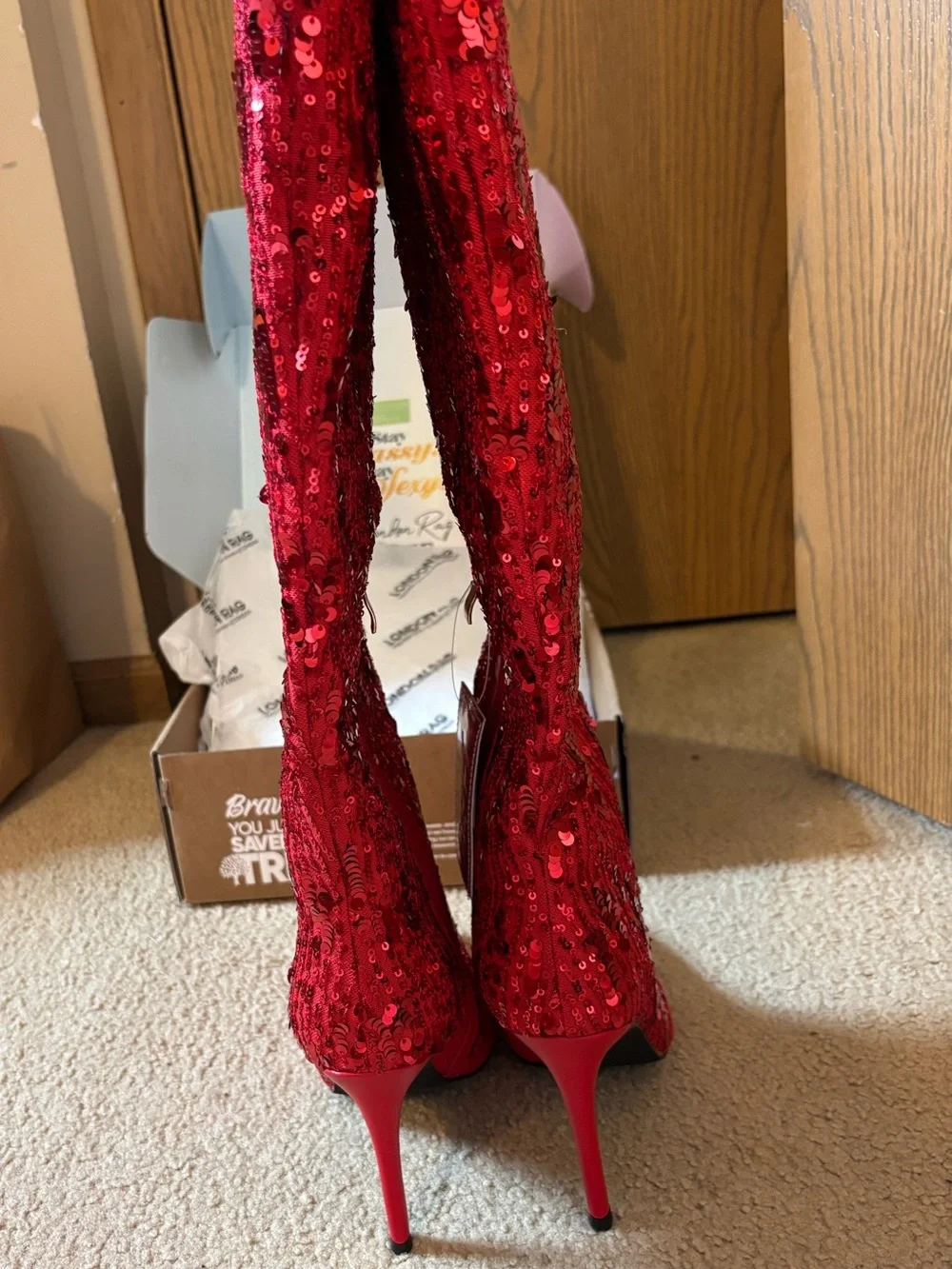 Red Sequin Over-the-Knee Stiletto Boots
